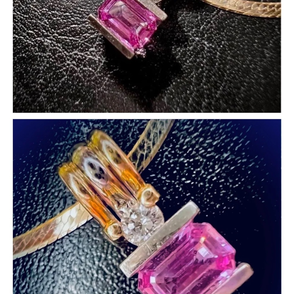 Pink sapphire, two tone, 14 karat gold modernist, diamond pendant - Picture 14 of 15